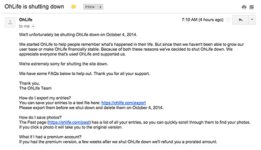 邮件写日记网站 OhLife 将于 10 月 4 日关闭 1