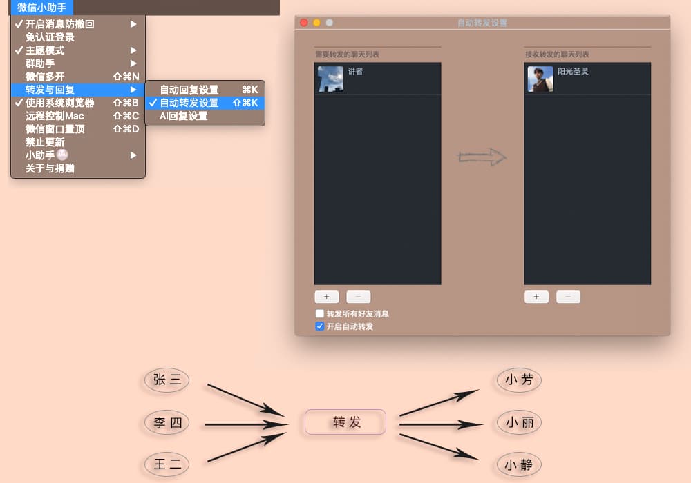 微信小助手 - 一个令人愉快的微信插件，Mac 微信功能拓展，多开、防撤回、自动回复、少女皮肤等功能 2