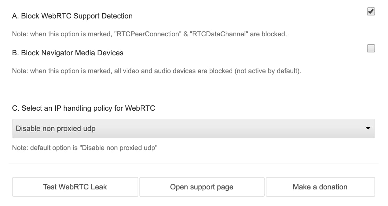 WebRTC Control 选项页面