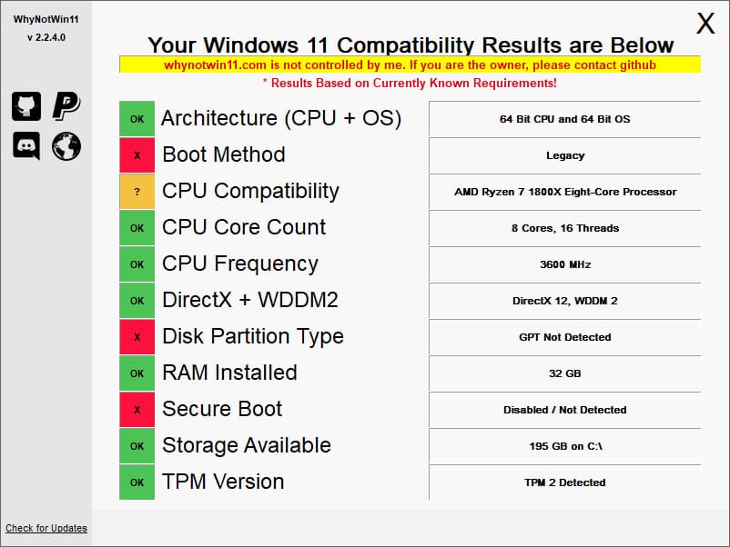 WhyNotWin11 - 到底为什么不能安装 Windows 11？第三方检测工具告诉你还缺什么