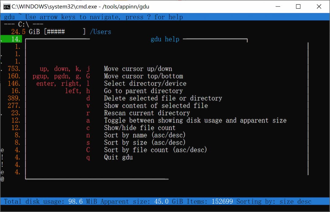 Gdu - Windows 也能用的「命令行式」磁盘使用情况分析工具
