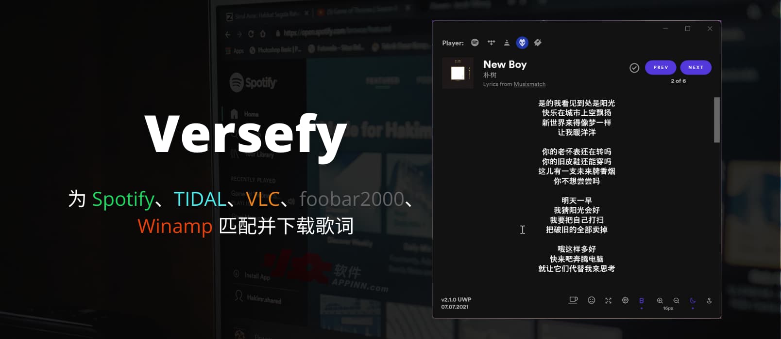 Versefy - 为 Spotify、TIDAL、VLC、foobar2000、Winamp 匹配并下载歌词[Windows] 1
