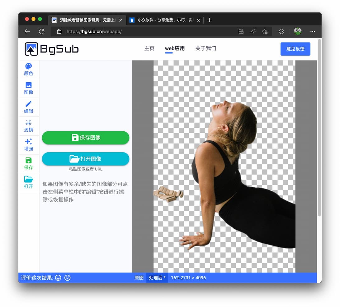 BgSub - 最高 4096x4096 分辨率、无数据上传，免费的去背景、换背景、抠图工具[Web] 1