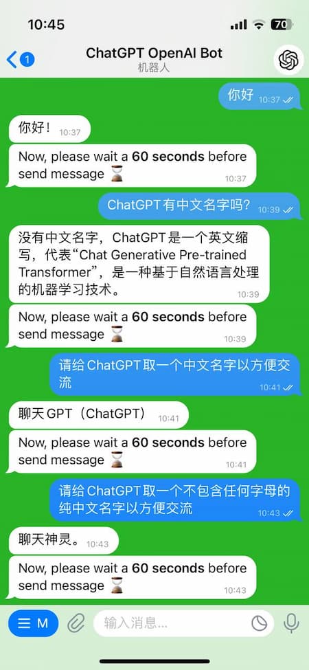 ChatGPT OpenAI Bot - 每 60 秒问一次，无需注册的第三方 ChatGPT 机器人｜ChatGPT 中文名就这么定了 2